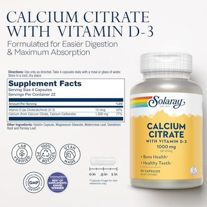 Solaray Calcium Citrate with Vitamin D3 1000mg - Bone Strength and Healthy Teeth Support - Gentle Digestion Formula - Lab Verified, 60-Day Guarantee - 15 Servings, 90 Capsules