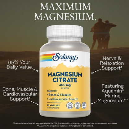 SOLARAY Magnesium Citrate 400mg - Magnesium Supplement - Bone Health, Muscle, Relaxation and Heart Health Support - Vegan, Gluten Free - 30 Servings, 90 VegCaps