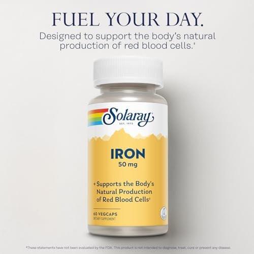 SOLARAY Iron Capsules 50mg - Iron Supplement for Women and Men w/Parsley and Yellow Dock Root, Supports Body's Natural Production of Red Blood Cells, 60-Day Guarantee, 60 Servings - görsel 6