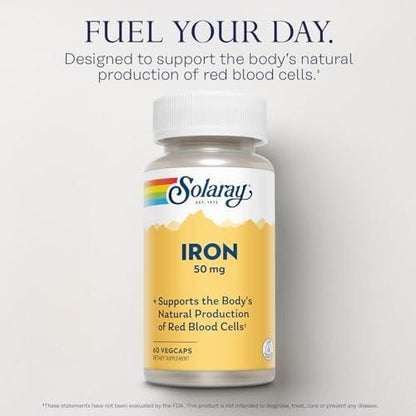 SOLARAY Iron Capsules 50mg - Iron Supplement for Women and Men w/Parsley and Yellow Dock Root, Supports Body's Natural Production of Red Blood Cells, 60-Day Guarantee, 60 Servings