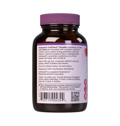 Bluebonnet Nutrition Earth Sweet Vitamin B12 & Folic Acid Chewable Tablets, Soy-Free, Gluten-Free, Raspberry 90 Count