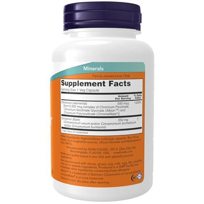 NOW Foods Supplements, Tri-Chromium™ 500 mcg with Cinnamon, Insulin Co-Factor*, 180 Veg Capsules