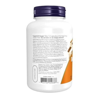 NOW Foods Supplements, Betaine HCl 648 mg, Vegetarian Formula, Digestive Support, 120 Veg Capsules