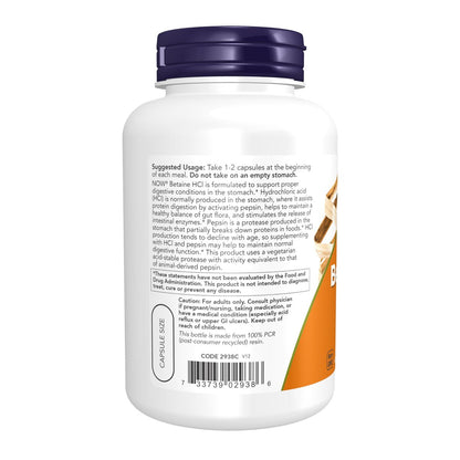 NOW Foods Supplements, Betaine HCl 648 mg, Vegetarian Formula, Digestive Support, 120 Veg Capsules