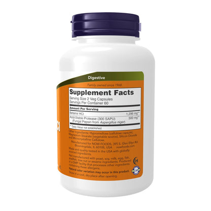 NOW Foods Supplements, Betaine HCl 648 mg, Vegetarian Formula, Digestive Support, 120 Veg Capsules