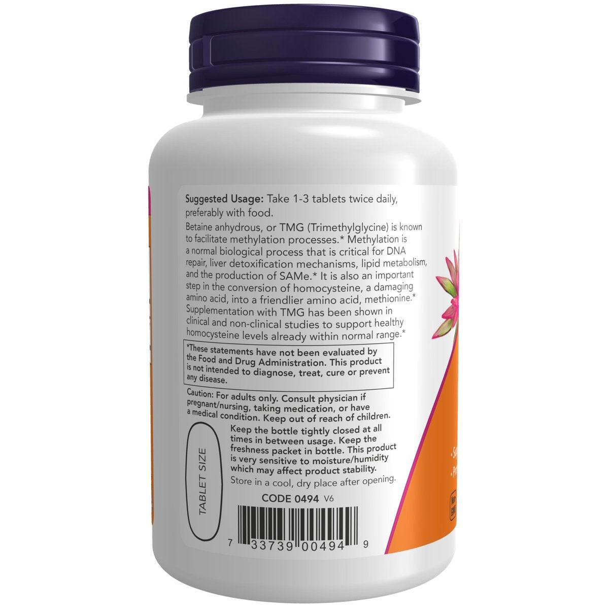 NOW Foods Supplements, TMG Betaine (Trimethylglycine) 1,000 mg, Liver Support*, 100 Tablets - görsel 3
