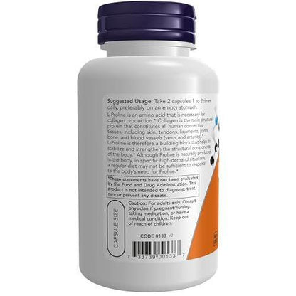 NOW Supplements, L-Proline 500 mg, Collagen Production*, Structural Support*, 120 Veg Capsules