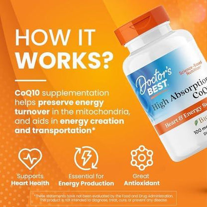 Doctor's Best High Absorption CoQ10 with BioPerine, Gluten Free Naturally Fermented, Heart Health & Energy Production, 100 mg, 60 Softgels