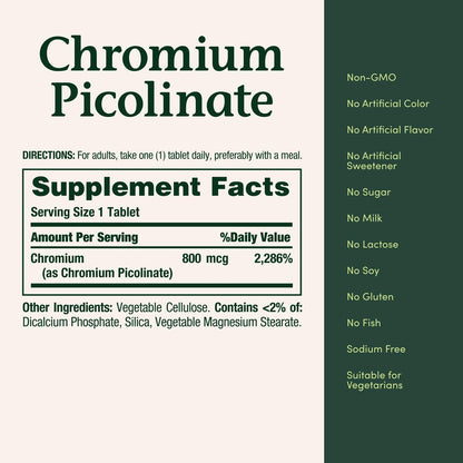 Nature's Bounty Chromium Picolinate, Supports Fat, Protein & Sugar Metabolism, Mineral Supplement, 800 mcg, 50 Tablets
