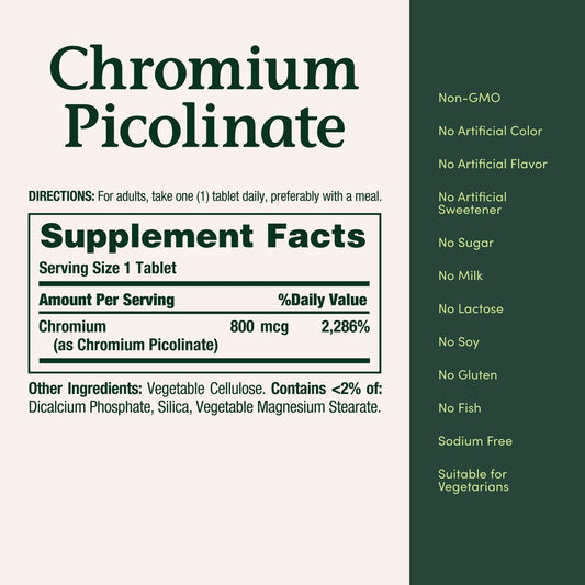 Nature's Bounty Chromium Picolinate, Supports Fat, Protein & Sugar Metabolism, Mineral Supplement, 800 mcg, 50 Tablets