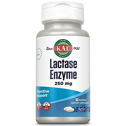 KAL Lactase Enzyme 250 mg, Healthy Digestion Support for Lactose Intolerance, Liquid-Filled ActivGels Made Without Soy, 250 FCC Units, 30 Servings, 60 SoftGels