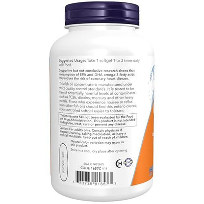 NOW Foods Omega-3 180 EPA / 120 DHA, Enteric Coated, Cardiovascular Support, 180 Softgels