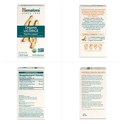 Himalaya Organic Licorice, 60 Day Supply - Digestive Health Supplement for Upset Stomach Relief and Occasional Bloating and Heartburn - USDA Organic, Vegan, Non-GMO, Non-DGL, Gluten Free, 60 Caplets