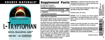 Source Naturals L-Tryptophan 500mg - 60 Capsules for Mood, Relaxation, and Sleep Support