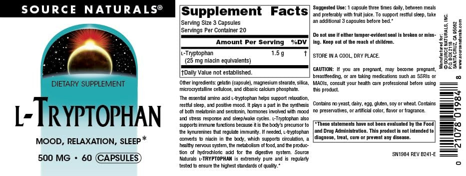 Source Naturals L-Tryptophan 500mg - 60 Capsules for Mood, Relaxation, and Sleep Support - görsel 9