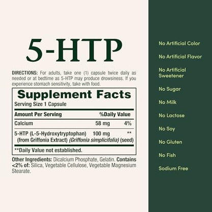 Nature's Bounty 5-HTP Pills and Dietary Supplement, Supports a Calm and Relaxed Mood, 100mg, 60 Capsules