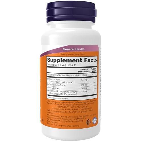 NOW Foods Supplements, Hyaluronic Acid 100 mg, Double Strength with L-Proline, Alpha Lipoic Acid and Grape Seed Extract, 60 Veg Capsules - görsel 4