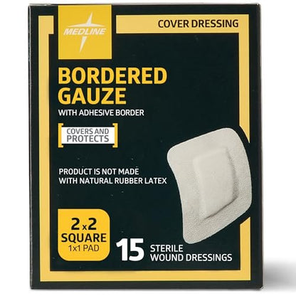 Medline Bordered Gauze, 2" x 2" Adhesive Island Wound Dressing, Sterile, 15 Count