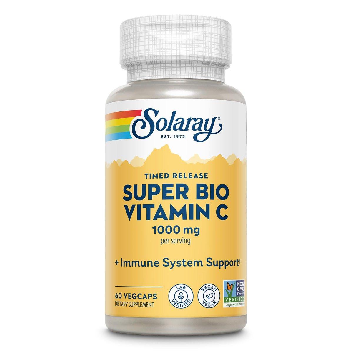 SOLARAY Super Bio Buffered Vitamin C 1000mg, Two-Stage, Timed Release Vitamin C with Bioflavonoids, Immune Support Supplement - High Absorption, Vegan, 60 Day Guarantee, 30 Servings, 60 VegCaps - görsel 1