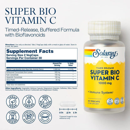 SOLARAY Super Bio Buffered Vitamin C 1000mg, Two-Stage, Timed Release Vitamin C with Bioflavonoids, Immune Support Supplement - High Absorption, Vegan, 60 Day Guarantee, 30 Servings, 60 VegCaps