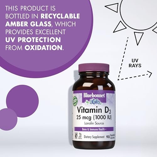 Bluebonnet Vitamin D3 1000 IU 25 mcg - Strong Bones & Immune Support Supplement for Women & Men* Soy-Free, Gluten-Free, Non-GMO, Vegetarian - Highly Absorbable Vitamin D - 180 Veggie Capsules - görsel 1