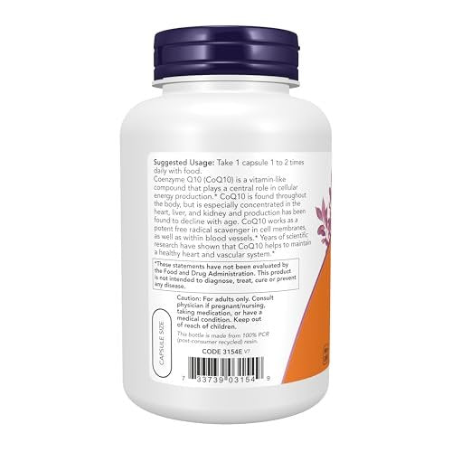 NOW Foods Supplements, CoQ10 60 mg, Pharmaceutical Grade, All-Trans Form of CoQ10 Produced by Fermentation, 180 Veg Capsules - görsel 5
