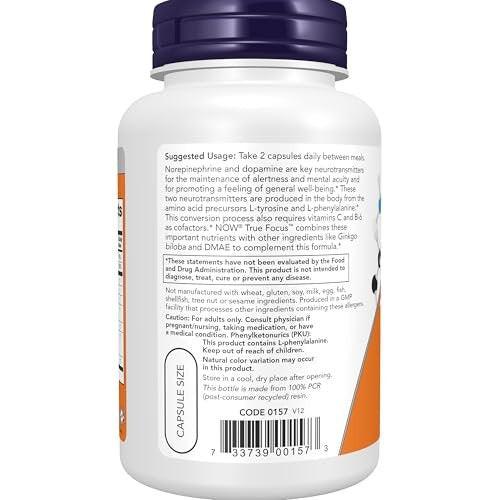 NOW Foods Supplements, True Focus™ with Amino Acids, Ginkgo, DMAE + CoQ10 and Grape Seed Extract, 90 Veg Capsules - görsel 1