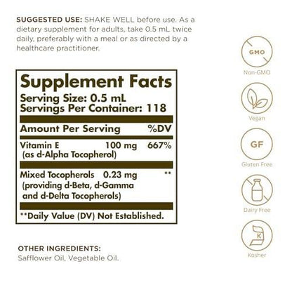 Solgar Liquid Vitamin E (with Dropper), 2 fl. oz. - Antioxidant, Skin & Immune Support, Overall Health - Natural, Liquid Vitamin E - Non-GMO, Vegan, Gluten Free, Dairy Free, Kosher - 118 Servings