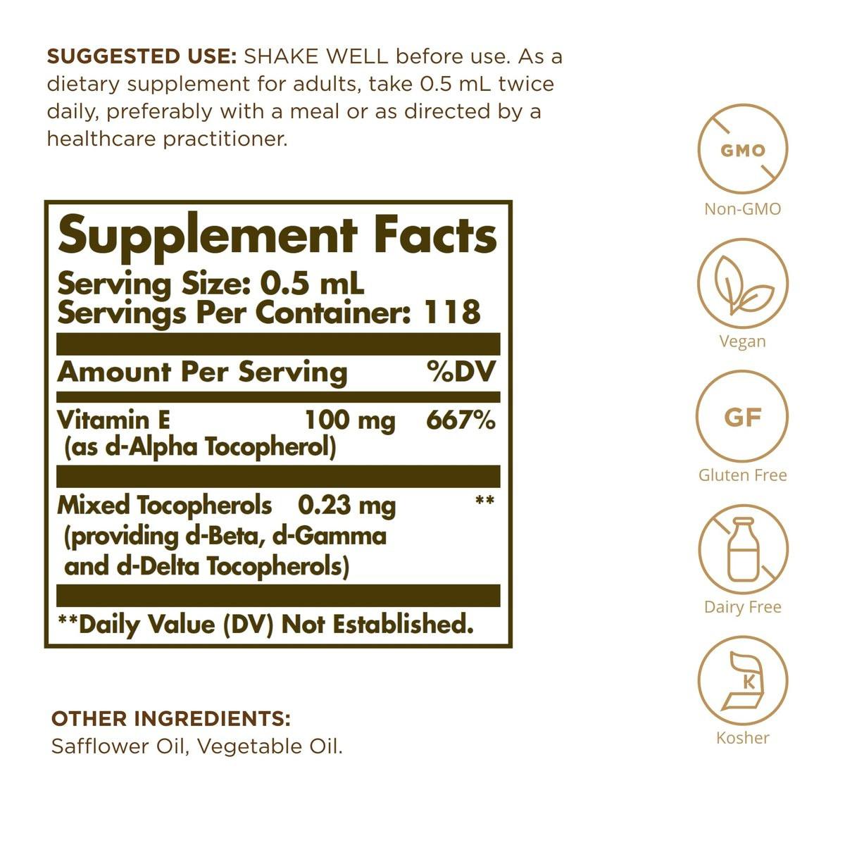 Solgar Liquid Vitamin E (with Dropper), 2 fl. oz. - Antioxidant, Skin & Immune Support, Overall Health - Natural, Liquid Vitamin E - Non-GMO, Vegan, Gluten Free, Dairy Free, Kosher - 118 Servings - görsel 4