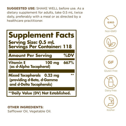 Solgar Liquid Vitamin E (with Dropper), 2 fl. oz. - Antioxidant, Skin & Immune Support, Overall Health - Natural, Liquid Vitamin E - Non-GMO, Vegan, Gluten Free, Dairy Free, Kosher - 118 Servings