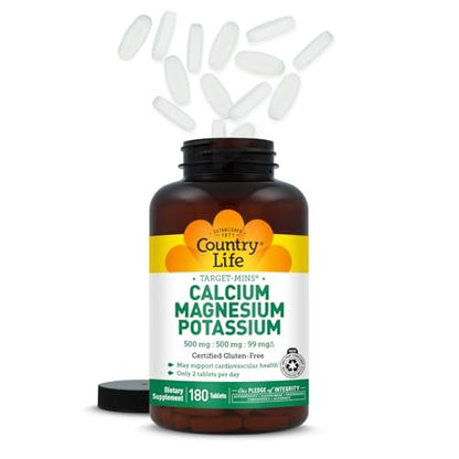 Country Life Target Mins - Calcium Magnesium Potassium Bone & Heart Health Supplement, 1000mg Calcium, 500mg Magnesium, Supports Calcium Utilization, 180 Tablets – Certified Gluten Free & Vegan