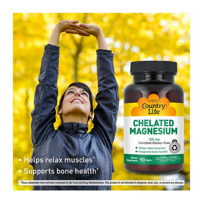 Country Life Chelated Magnesium 250mg - Supports Bone and Immune Health - 90 Tablets