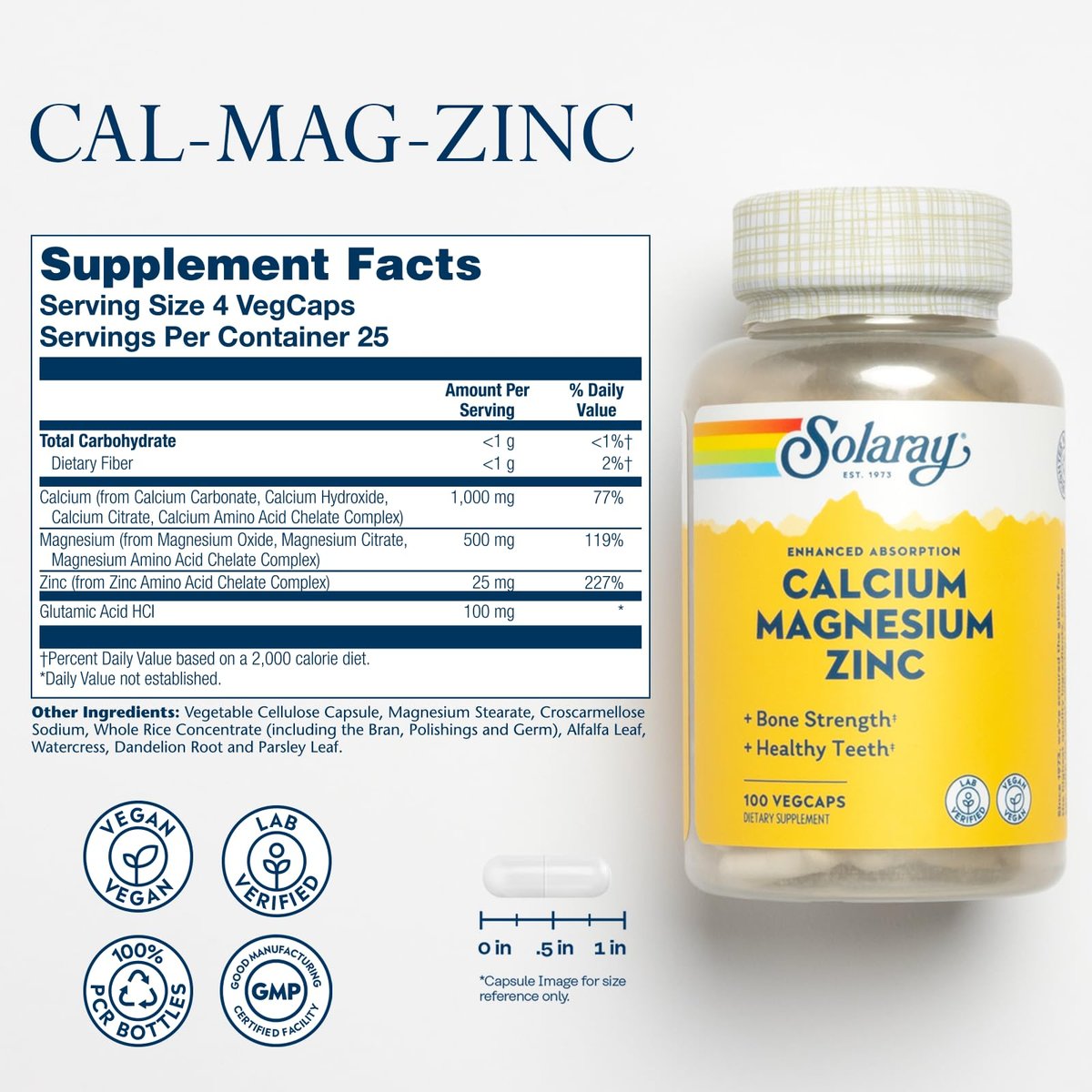 SOLARAY Calcium Magnesium Zinc Supplement - with Calcium 1000mg, Magnesium 500mg - Bone Health, Muscle Function, Heart Health and Immune Support - Vegan, 60 Day Guarantee, 25 Servings, 100 VegCaps - görsel 3