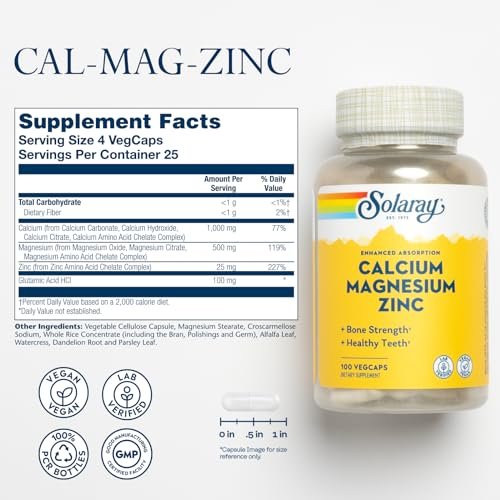 SOLARAY Calcium Magnesium Zinc Supplement - with Calcium 1000mg, Magnesium 500mg - Bone Health, Muscle Function, Heart Health and Immune Support - Vegan, 60 Day Guarantee, 25 Servings, 100 VegCaps - görsel 4