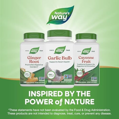 Nature's Way Garlic Bulb, Supports Heart Health*, Non-GMO Project Verified, 580 mg per Serving, Vegan, 100 Capsules (Packaging May Vary)
