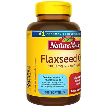 Nature Made Flaxseed Oil 1000 mg, Fish Free Omega 3 Supplement, Dietary Supplement for Heart Health Support, 100 Softgels, 100 Day Supply
