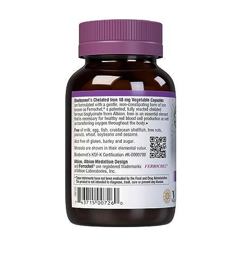 Bluebonnet Nutrition Chelated Iron 18 mg - Non-Constipating Iron Supplement - Soy-Free, Gluten-Free, Non-GMO, Kosher, Dairy-Free, Vegan - 90 Vegetable Capsules - görsel 4