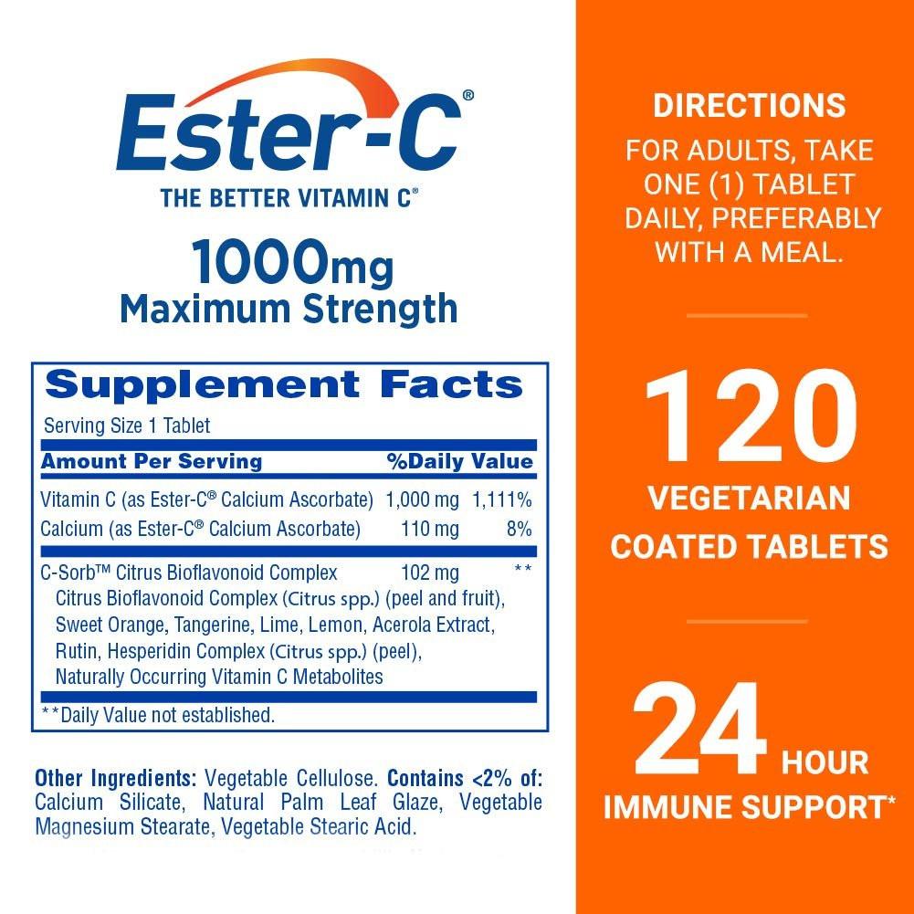 Ester-C Vitamin C 1000 mg Coated Tablets, Immune System Booster, Stomach-Friendly Supplement, 120 Count - görsel 4