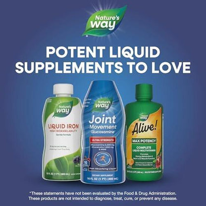 Nature's Way Ultra-Strength Joint Movement Glucosamine Liquid, Glucosamine, Chondroitin, MSM with Vitamin D3 & Hyaluronic Acid, Fast-Absorbing Liquid, Joint Support Supplement, Berry Flavored, 16 Oz