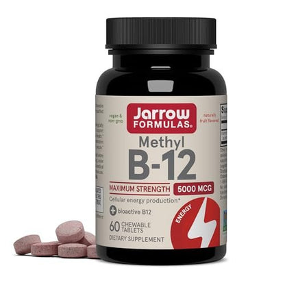 Jarrow Formulas Methyl Vitamin B12 5000 mcg - 60 Chewable Tablets, Naturally Fruit Flavored - Bioactive B12 Vitamin - Supports Cellular Energy Production, Brain Health & Metabolism - 60 Servings
