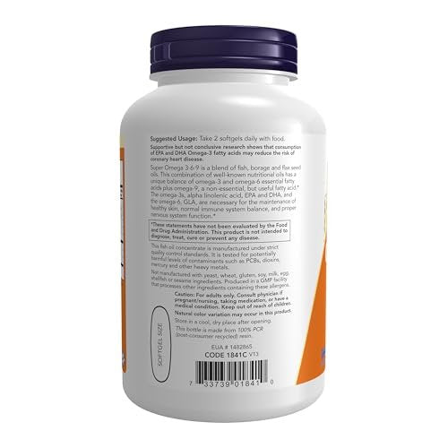 NOW Foods Supplements, Super Omega 3-6-9 1200 mg with a blend of Fish, Borage and Flax Seed Oils, 180 Softgels - görsel 2