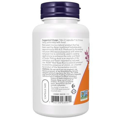 NOW Supplements, Red Yeast Rice 600 mg, Made with Organic Red Yeast Rice, 120 Veg Capsules