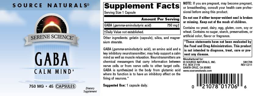 Source Naturals Serene Science GABA, for a Calm Mind, 750mg - 45 Capsules - görsel 3