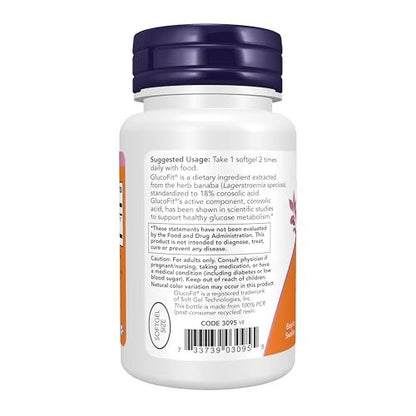 NOW Foods Supplements, GlucoFit® with 18% Corosolic Acid, Supports Glucose Metabolism*, 60 Softgels