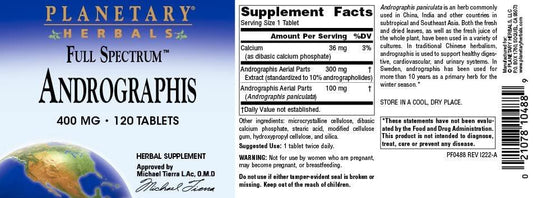 Planetary Herbals Full Spectrum Andrographis 400mg – Supports Healthy Digestive, Cardiovascular & Urinary Systems, Liver & Immune Function – Ayurvedic Herb – 120 Tablets