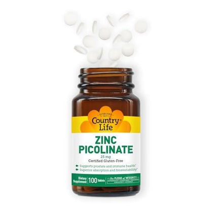 Country Life Zinc Picolinate 25 mg - Superior Absorption Zinc Supplement for Immune Support, Prostate Health & Cellular Wellness - Certified Gluten-Free, Vegan & Halal, Non-GMO - 100 Tablets