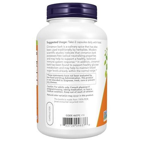 NOW Foods Supplements, Cinnamon Bark 600 mg, Non-GMO Project Verified, Healthy Glucose Metabolism*, 240 Veg Capsules - görsel 4