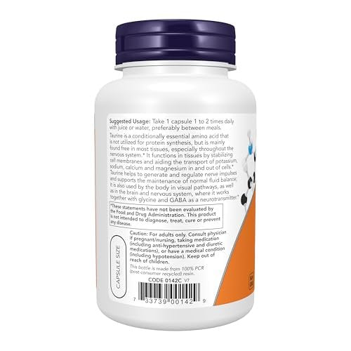 NOW Supplements, Taurine 1,000 mg, Double Strength, Nervous System Health*, 100 Veg Capsules - görsel 3