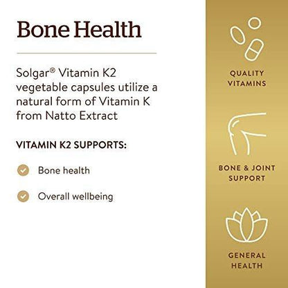 Solgar Naturally Sourced Vitamin K2 (MK-7) 100 mcg - 50 Vegetable Capsules - Supports Bone Health - Whole Food Source from Natto Extract - Non-GMO, Gluten Free - 50 Total Servings