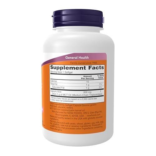 NOW Foods Supplements, Caprylic Acid 600 mg, MCT (Medium-Chain Triglycerides), 100 Softgels - görsel 3